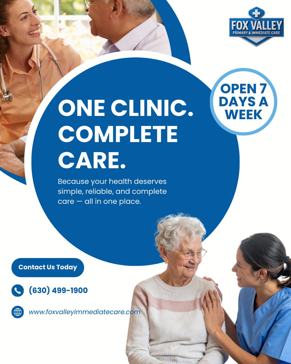 foxvalley_ic's tweet image. Why go from place to place for your healthcare when everything you need is right here?
At Fox Valley Primary &amp;amp; Immediate Care, we bring complete medical care under one roof — for individuals and families at every stage of life.
#CompleteCare #FoxValleyCare #AuroraIL #PrimaryCare