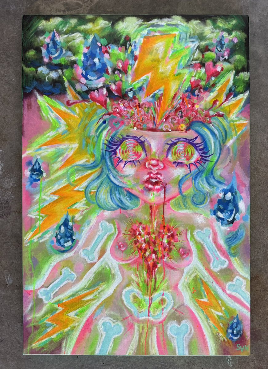 sammyvanhiggins's tweet photo. “Brain Zaps!” 2026
acrylic, oil pastel, &amp; stickers on canvas
24 x 36 dm or email for purchase https://t.co/1oOADVQHhy