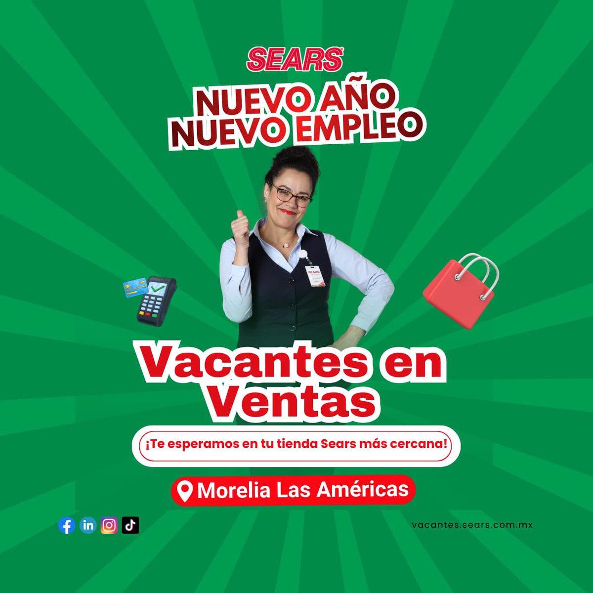 Rhamericas's tweet photo. 📢 ¡Vacantes abiertas en SEARS!

Buscamos Cajero Vendedor y Auxiliar de Prevención de Pérdidas.
✅ Secundaria
✅ Disponibilidad de horario
✅ Con o sin experiencia

💻 https://t.co/jF6o8R9rQN
📲 ¡Postúlate hoy mismo!
https://t.co/j8LRxoDSm1

#morelia #empleo https://t.co/6iYV0FYZle