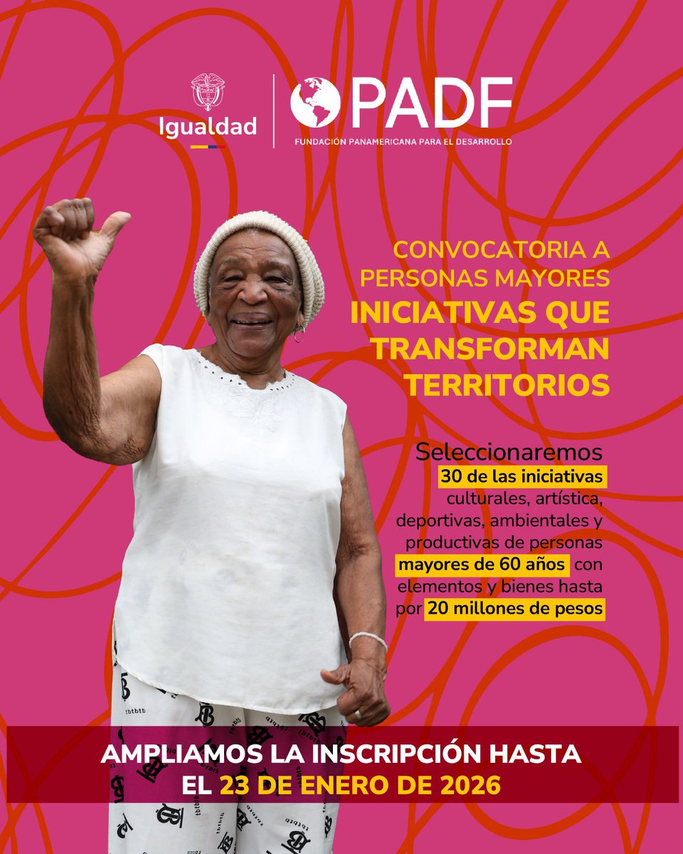 Esta es una gran noticia del gobierno del Cambio para las personas mayores de 60 años. 

Todos los detalles de la convocatoria SABIDURÍAS QUE TRANSFORMAN EL TERRITORIO en el siguiente enlace:
fupad.org/aviso-de-manif… 

Debes firmar el Manifiesto de interés, diligenciar el formato