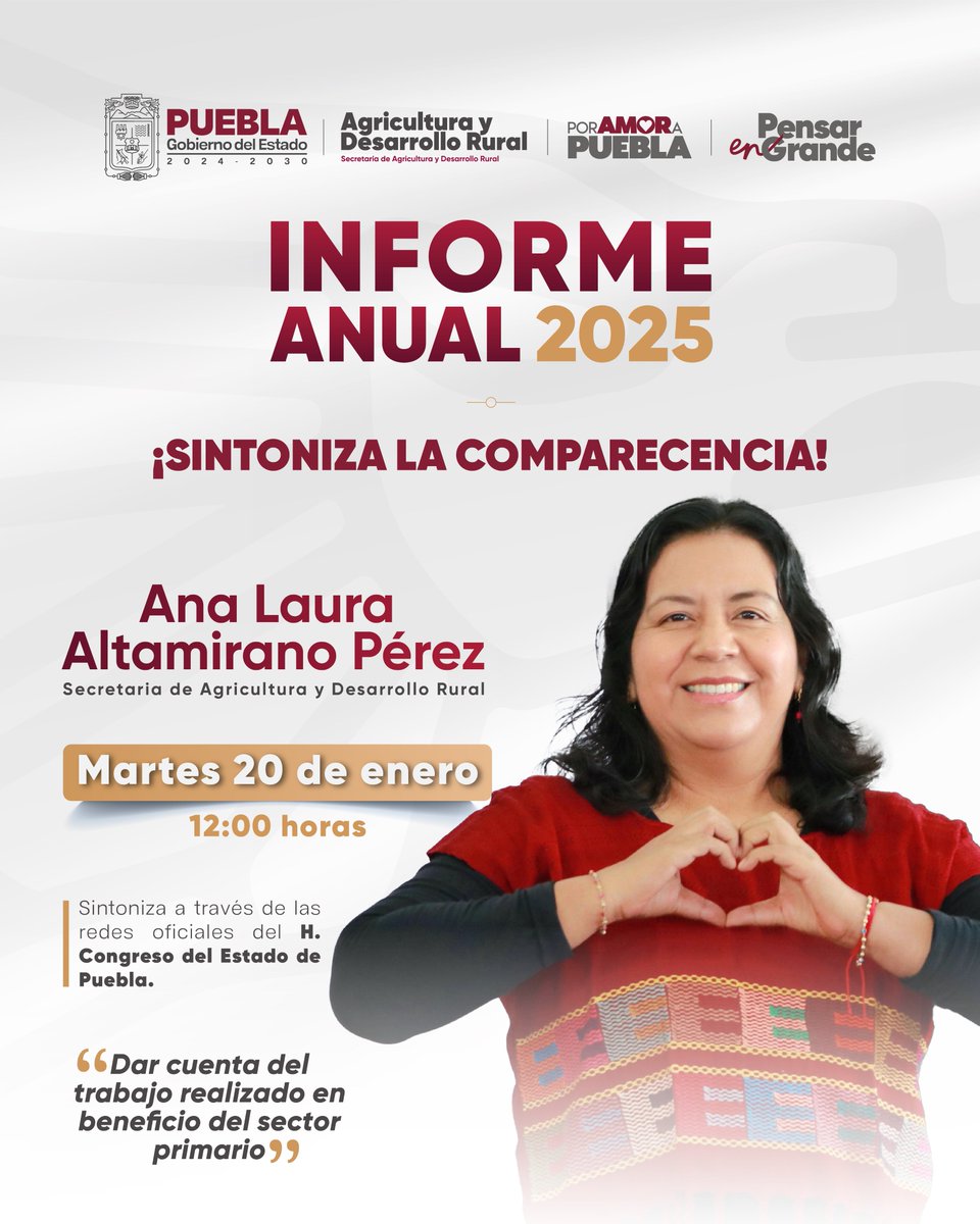Te invitamos a seguir la comparecencia de nuestra titular, <a href="/analau_al/">Ana Laura Altamirano</a>, donde se rendirán cuentas del trabajo realizado desde el <a href="/Gob_Puebla/">Gobierno de Puebla</a> durante el ejercicio 2025 en beneficio del sector primario. Un acto de diálogo, claridad y transparencia con Puebla. 🚜🌾🫶