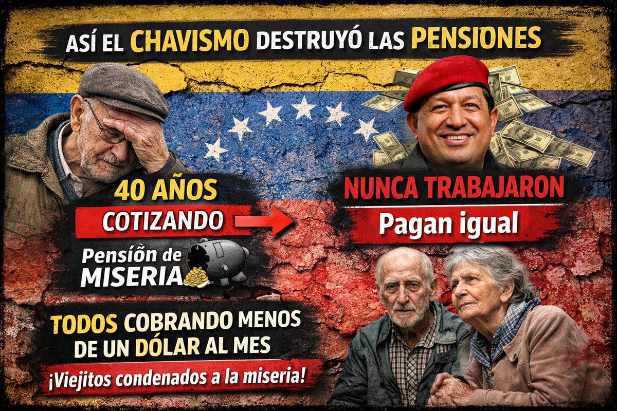 En Venezuela 🇻🇪 el chavismo destruyó las pensiones 🧵
1/ En nuestro país pasó algo muy injusto: millones de personas trabajaron y cotizaron toda su vida… y hoy su pensión no alcanza ni para un café.
2/ ¿Qué hizo el chavismo? Empezó a meter como “pensionados” a personas que