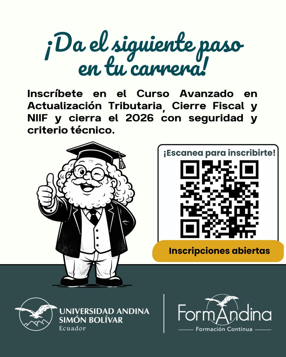 FormAndinaEc's tweet image. 📊 El 2026 no perdona errores tributarios.
El SRI es más tecnológico y el cierre fiscal ya no es un trámite: es estrategia.
El mercado busca profesionales que dominen NIIF y decidan con criterio técnico.

#NIIF #Tributación #ActualizaciónProfesional #FormAndina