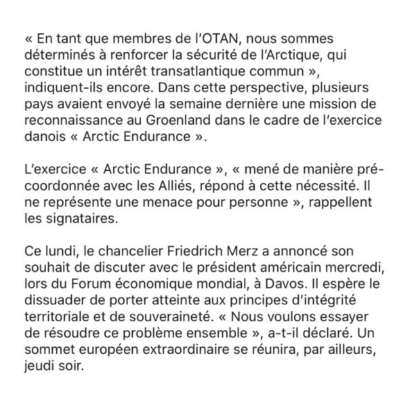 La 🇫🇷, l’🇩🇪 et six autres pays européens unis face aux menaces tarifaires par les 🇺🇸 sur fond de désaccord autour du Groenland: «Nous sommes déterminés à faire respecter notre souveraineté.» Les pays réaffirment leur solidarité avec le Danemark. #Groenland