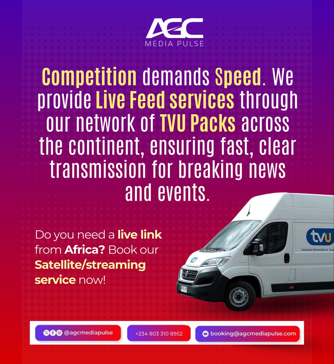 agcmediapulse's tweet photo. Speed is the currency of news. 

Don’t let lag or poor connection kill your story. AGCMediaPulse provides seamless live links across Africa using our elite TVU Pack network. 🌍

Book your live link today +234 803 310 8952 or booking@agcmediapulse.com

#WilliamEst #MediaTech https://t.co/Y7dpjfWQaM