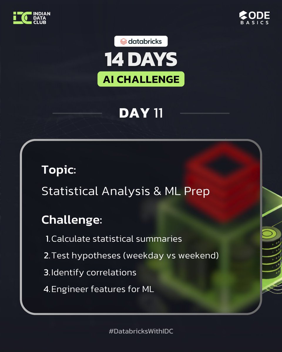 lakkilohitha's tweet photo. Day 11 of AI Challenge by @indiandataclub @codebasicshub @databricks 
Applied descriptive stats, hypothesis testing (weekday vs weekend), A/B testing &amp; feature engineering for ML.
👉 Full post on LinkedIn ⬇️
https://t.co/99UyTg0xFj
#DatabricksWithIDC #LakkiData #LearningSteps https://t.co/RXO0cM2DG2