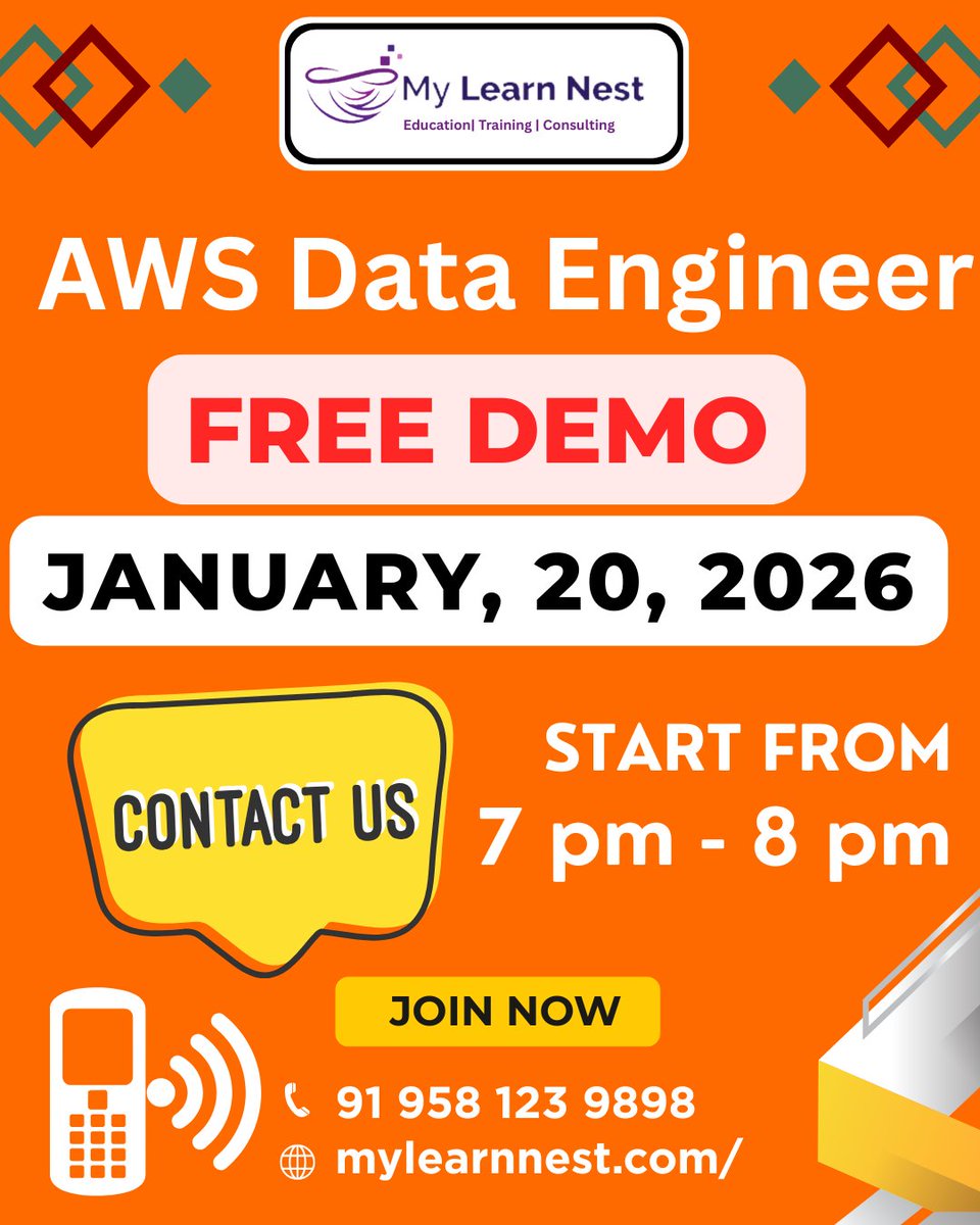 MylearnNest's tweet photo. AWS Data Engineer – FREE LIVE DEMO!

📞 Contact: +91 958 123 9898
🌐 Website: https://t.co/qAzy41ErIm
👉 Limited seats available – Join now!

#AWSDataEngineer #AWS #DataEngineering #FreeDemo #CloudCareers #BigData #ETL #DataPipelines #AWSGlue #AmazonRedshift #S3 #CloudComputing https://t.co/EJ1fh06hNA