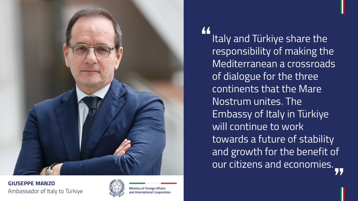 Congratulations to <a href="/beppemanzo/">Giuseppe Manzo</a>, new Ambassador of Italy to Türkiye 🇮🇹 🤝 🇹🇷

<a href="/ItalyinTurkiye/">Italy in Türkiye 🇹🇷</a>