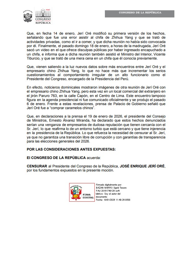 ¡José Jerí NO debe estar un día más en el cargo! Al ser presidente del Congreso encargado de la Presidencia de la República, lo que corresponde es CENSURARLO. Por ello estamos recolectando firmas para presentar una moción para exigir su censura inmediata. El Perú no puede seguir