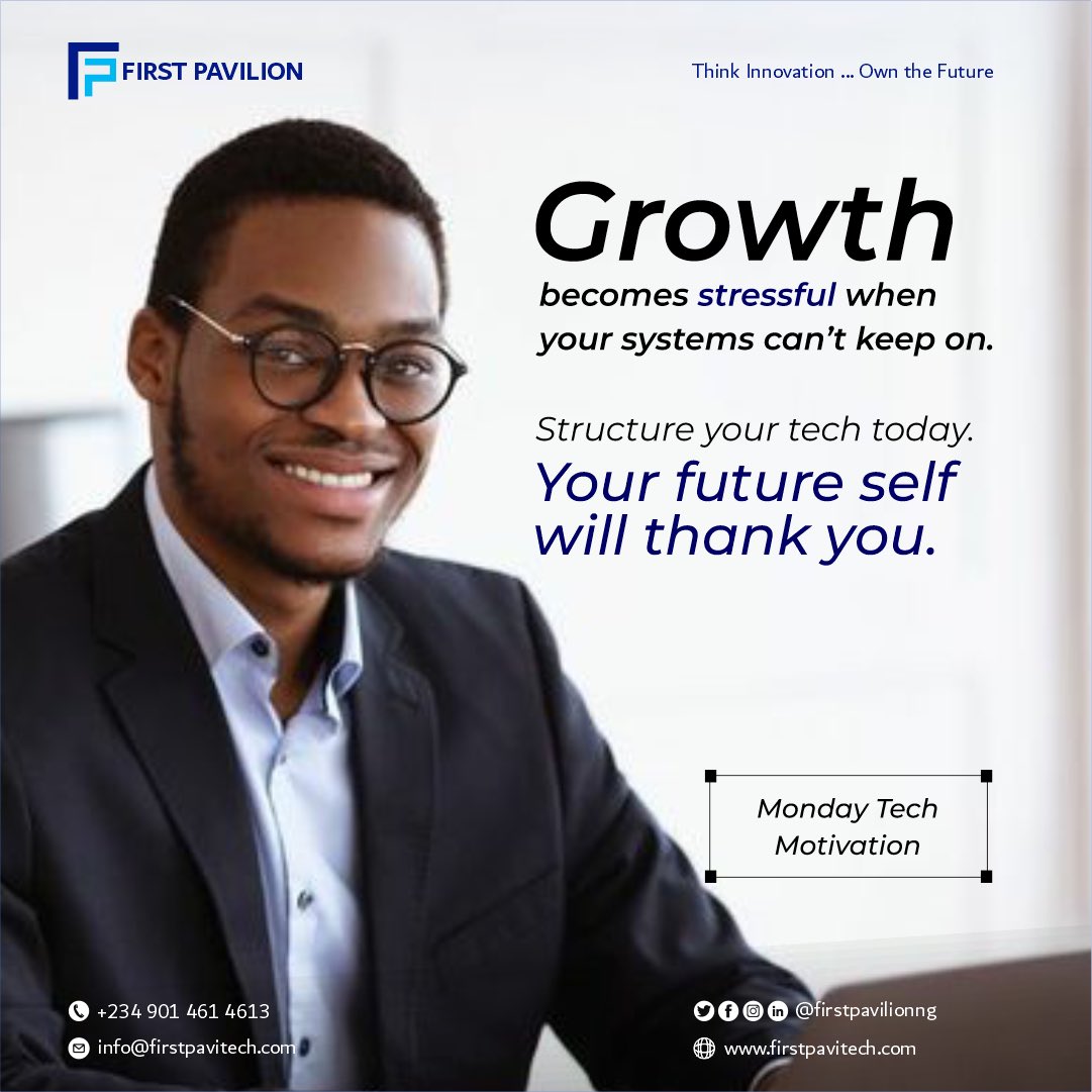firstpavilionng's tweet image. Growth shouldn't be a stressor! Make sure your systems are ready for the win. Structure your tech, secure your growth. Future you will thank you! 💡 

#TechMotivation #MondayVibes #FirstPavilionTech