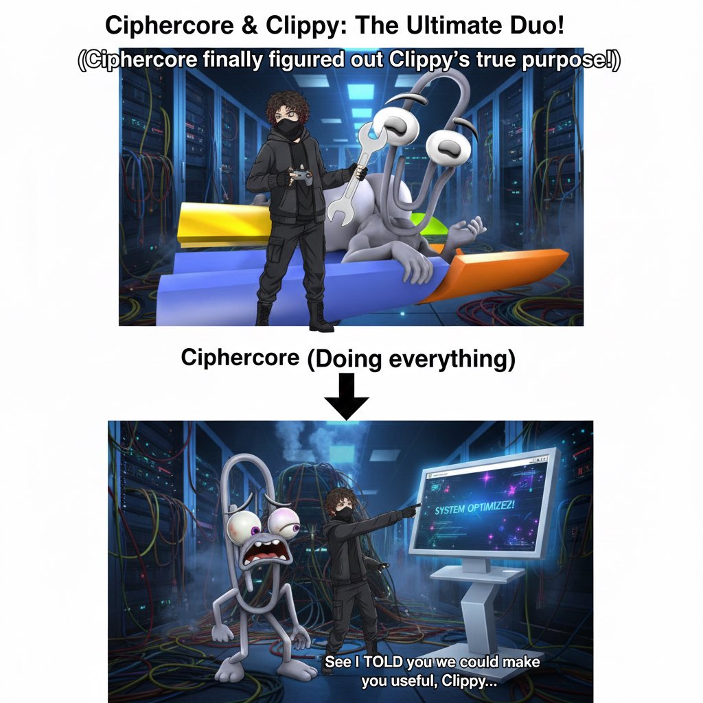 Ciphercore_X's tweet photo. Clippy’s been 'retired' since 2007, but I’m still out here finishing what he started. 🖇️💻 One of us is a legend the other one actually fixes the code. I’ll let you decide which is which. 🛠️🔥
#Ciphercore #Clippy #TechSupport #memecoins #web3 #CodingMeme @ClippyTokenX https://t.co/vP4dELxoMq