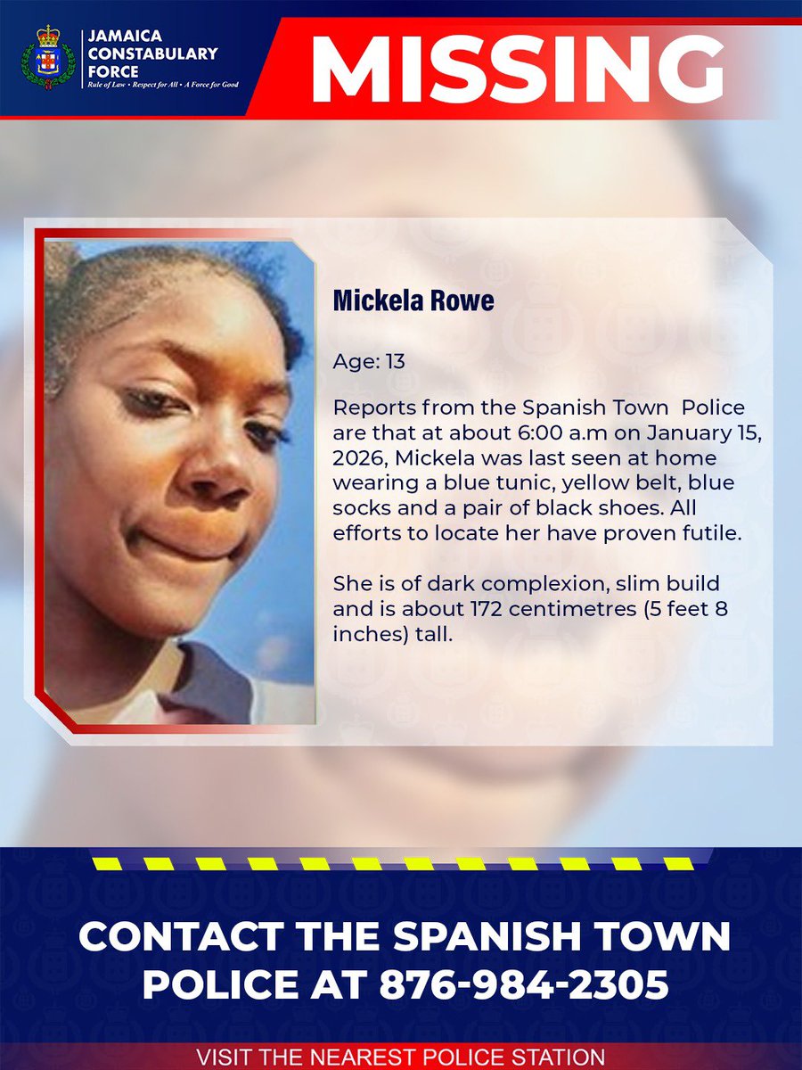 Help us locate missing Mickela Rowe. If you know her whereabouts, please call the Spanish Town Police or the nearest police station. 

#AnandaAlert #Missing