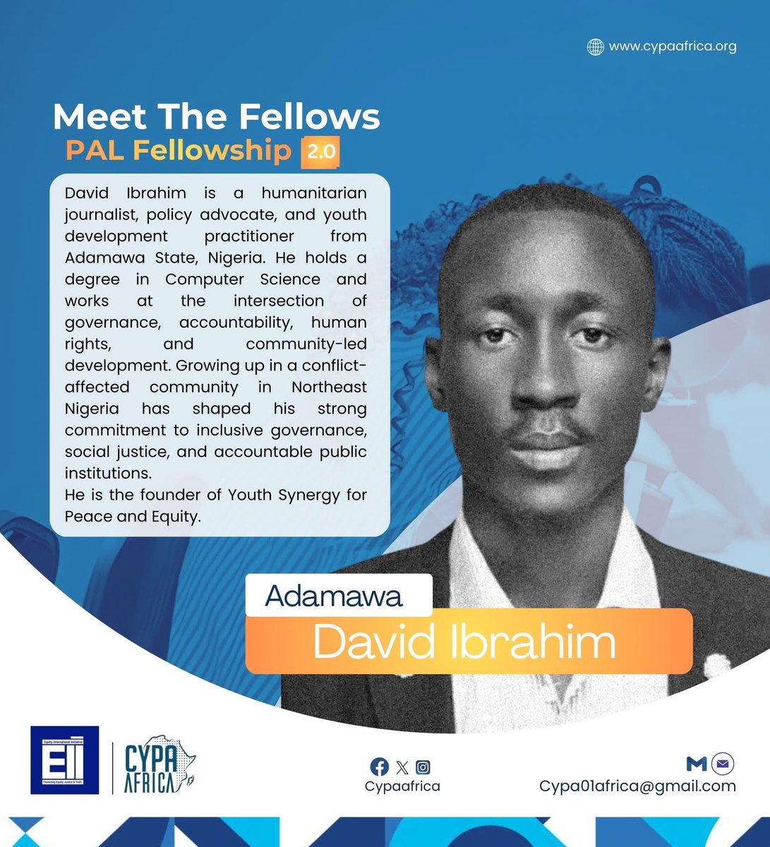 Meet David Ibrahim

David Ibrahim is a humanitarian journalist, policy advocate, and youth development practitioner from Adamawa State, Nigeria. He holds a degree in Computer Science and works at the intersection of governance, accountability, human rights, and community-led