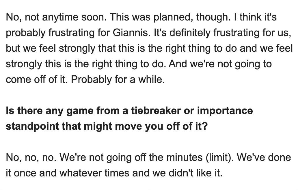 eric_nehm's tweet photo. Before today's game in Atlanta, I asked Doc Rivers about Giannis Antetokounmpo's minutes limit and if there was hope he would get off the minutes limit following a couple days off since their last game.

Rivers: https://t.co/GdrwtIKzG0
