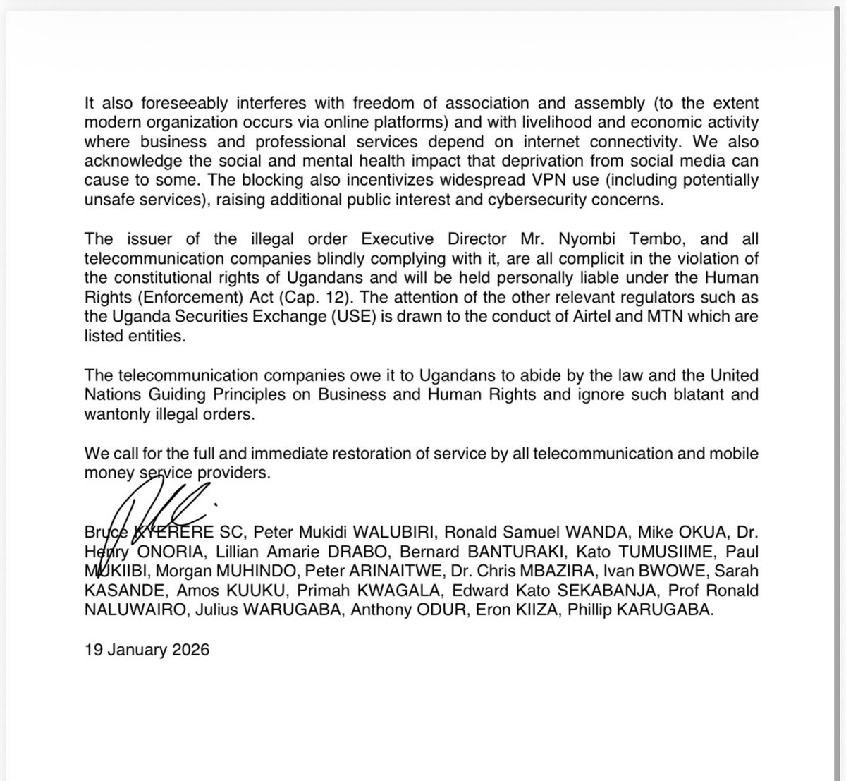 PhillipKarugaba's tweet photo. Internet shutdown is a brazen violation of human rights and an abuse of power by @UCC_Official @UCC_ED! Here is our statement. @UHRC_UGANDA https://t.co/teswqo7DPj