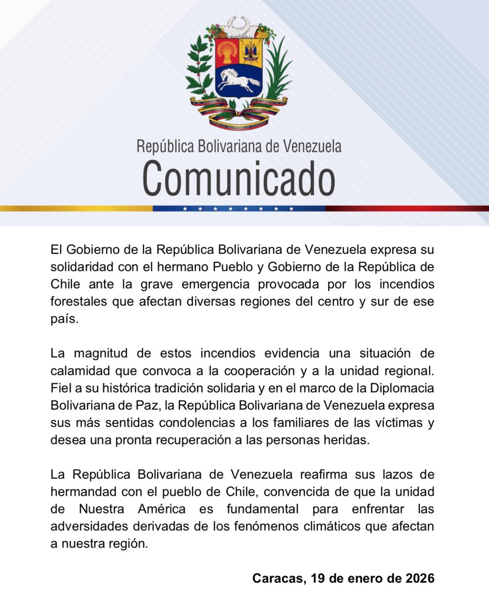 yvangil's tweet photo. #Comunicado 📢 El Gobierno de la República Bolivariana de Venezuela expresa su solidaridad con el hermano Pueblo y Gobierno de la República de Chile ante la grave emergencia provocada por los incendios forestales que afectan diversas regiones del centro y sur de ese país. https://t.co/sSUpmKiZg8