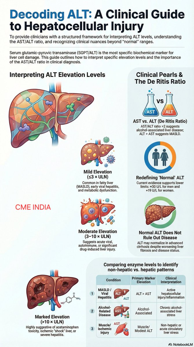 CMEINDIA1's tweet photo. SGPT (ALT) in Liver Function Tests: Clinical Significance

Serum glutamic-pyruvic transaminase (SGPT), now referred to as alanine aminotransferase (ALT), is a predominantly cytosolic enzyme localized within hepatocytes and serves as the most specific biochemical marker of hepatocellular injury among routine liver function tests.

ALT elevations reflect disruption of hepatocyte membrane integrity and correlate with active hepatocellular necrosis or inflammation rather than cholestasis.

Key Clinical Interpretations

• Mild elevation (≤2–3 × ULN)
Common in non-alcoholic fatty liver disease (MASLD), metabolic dysfunction, early viral hepatitis, drug-induced liver injury (DILI), hypothyroidism, and post-exercise states.

• Moderate elevation (3–10 × ULN)
Suggests acute viral hepatitis, autoimmune hepatitis, ischemic hepatitis (early), or significant DILI.

• Marked elevation (>10–20 × ULN)
Highly suggestive of acute viral hepatitis, ischemic (shock) liver, acetaminophen toxicity, severe DILI, or acute autoimmune hepatitis.

ALT vs AST (De Ritis Ratio)

• ALT > AST → Typical of MASLD / viral hepatitis
• AST > ALT (ratio >2) → Alcohol-associated liver disease
• Very high AST with modest ALT → Ischemic or muscle-related injury

Important Clinical Pearls

• ALT is more liver-specific than AST, as AST is also present in muscle, heart, and kidney.
• “Normal” ALT values may still be abnormal — current evidence supports lower upper limits (≈30 U/L in men, ≈19 U/L in women).
• Persistently elevated ALT in diabetes and obesity predicts progression to MASH and fibrosis.
• ALT may normalize in advanced cirrhosis despite worsening liver disease — do not equate normal ALT with benign liver status.
• ALT is the preferred marker to monitor treatment response in viral hepatitis and DILI.

Interpretation in the Present LFT Context

Reported SGPT (ALT): 29.5 U/L
This value lies within normal range, suggesting no active hepatocellular necrosis at present.

However, concomitant findings of:

Elevated bilirubin (Total & Indirect 4.7 mg/dL)

Raised AST (51.6 U/L)

suggest a pattern more consistent with predominantly unconjugated hyperbilirubinaemia with mild hepatocellular stress or non-hepatic causes (e.g., hemolysis, Gilbert’s syndrome, resolving hepatitis) rather than active ALT-dominant liver injury.

Take-Home Message

ALT is the most sensitive and specific routine marker of hepatocellular injury, but normal ALT does not exclude significant liver disease. Clinical context, AST/ALT ratio, bilirubin fractions, and fibrosis assessment are essential for meaningful interpretation.
