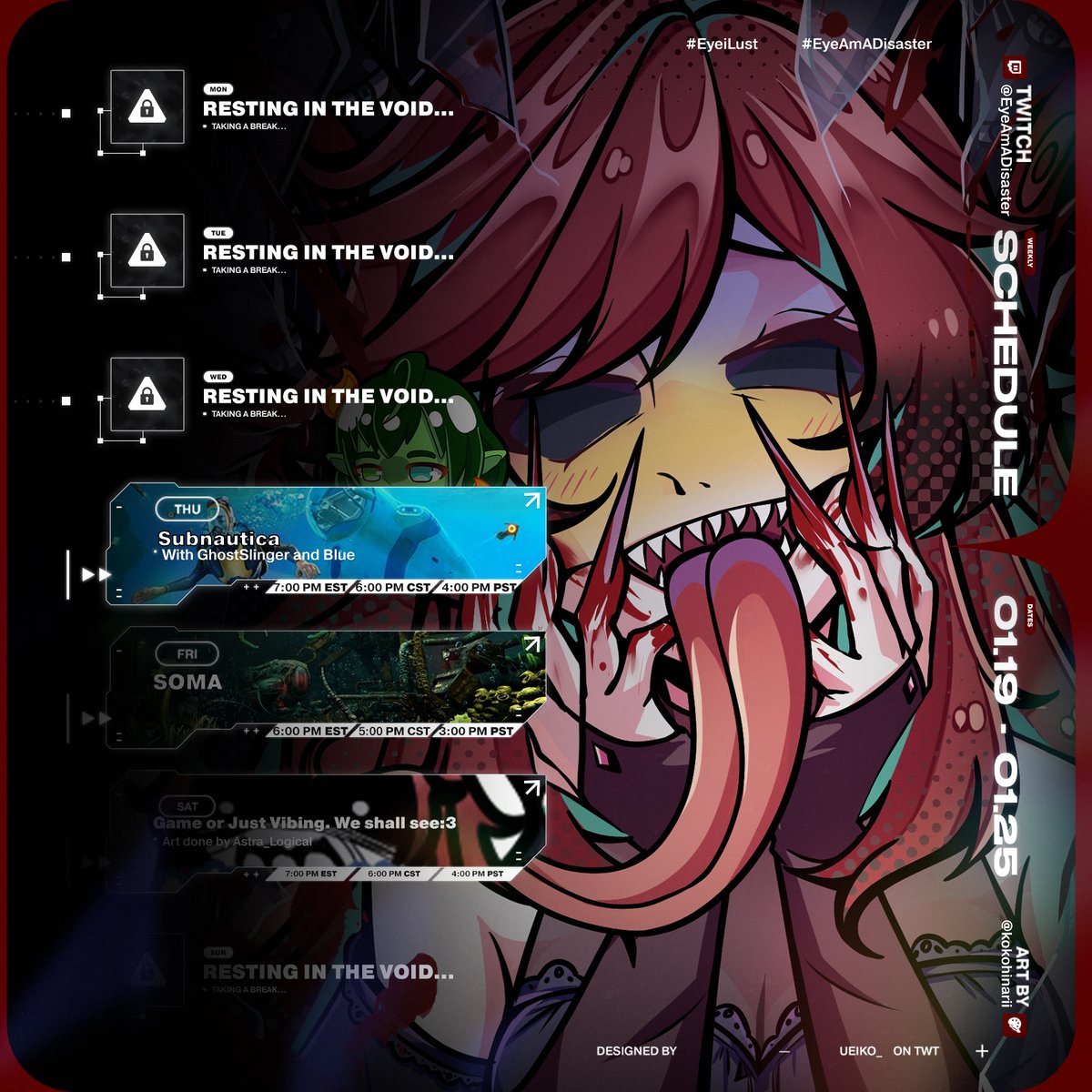 Schedule for this week!
We doing fun things:3
A lot of underwater games actually!

Graphic by
<a href="/ueiko_/">ueiko 🤍 working on comms</a> 
Art by
<a href="/kokohinarii/">Koko Hinari ⋆✮VArtist ⋆✮</a>