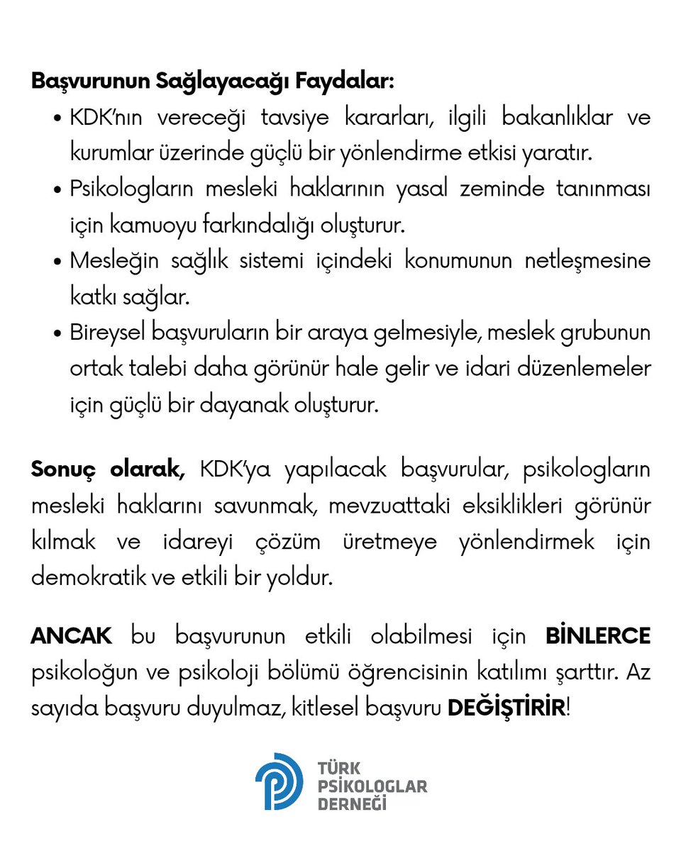 Psikologların sağlık meslek mensubu olarak tanınması, mesleğini serbestçe icra edebilmesi ve mevzuat çelişkilerinin giderilmesi için Kamu Denetçiliği Kurumu’na başvuru yapıyor, mesleki haklarımızı savunuyoruz!

Bu başvurunun etkili olabilmesi için BİNLERCE psikoloğun ve psikoloji