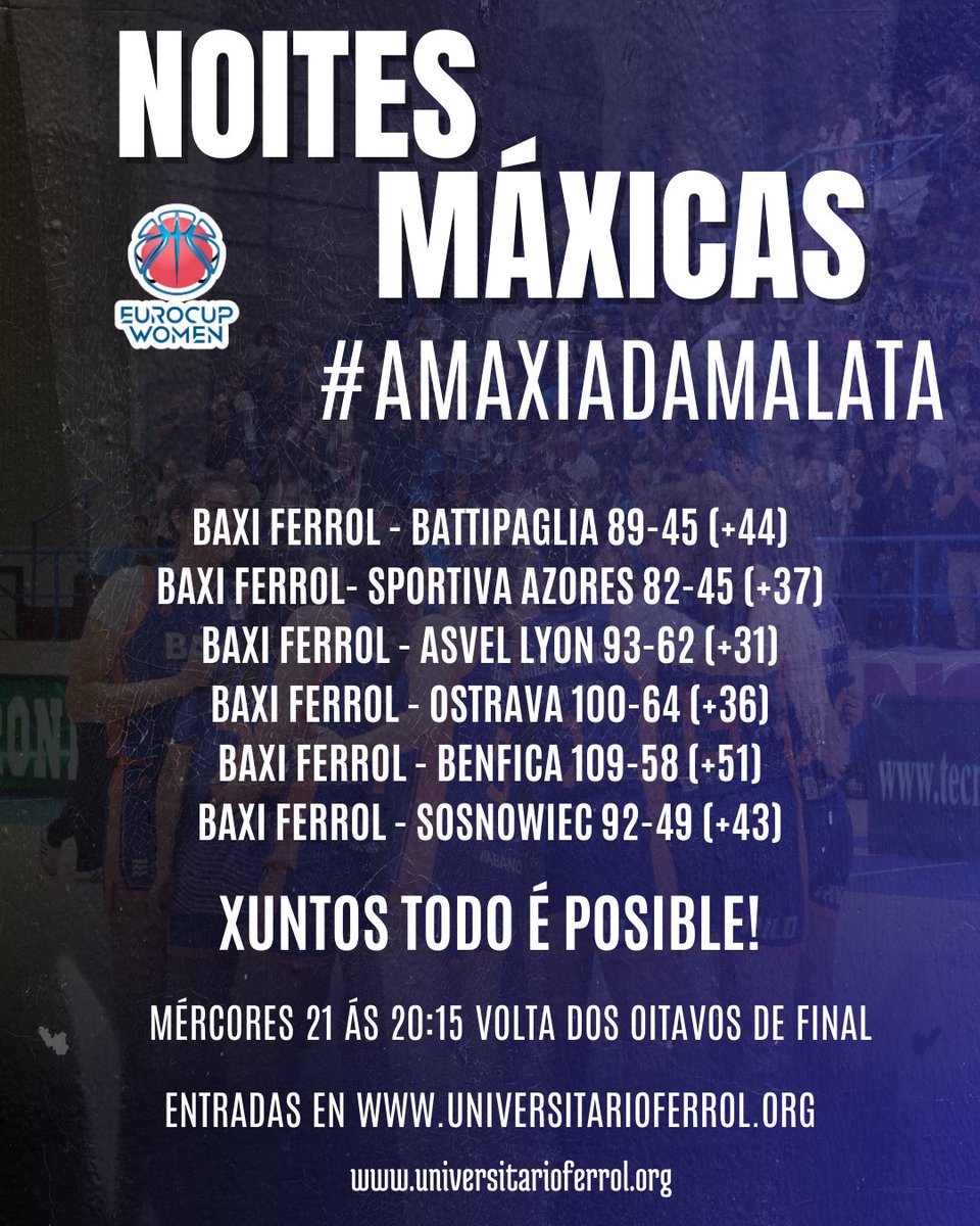 🔥🏀 Noites Máxicas na Malata

Este mércores xogamos xuntas, loitamos xuntas e soñamos xuntas.

A Eurocup Women volve á casa e BAXI Ferrol vai con todo 💙

💪 Porque xuntas todo é posible