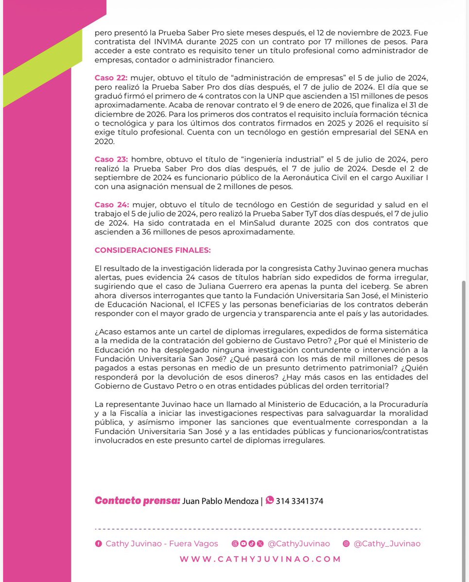 🛑EL CARTEL DE DIPLOMAS IRREGULARES EN EL GOBIERNO PETRO 

Denunciamos en exclusiva un presunto cartel de diplomas irregulares expedidos por la Fundación Universitaria San José, a 24 personas que luego resultaron vinculadas como contratistas y funcionarios en 16 entidades de