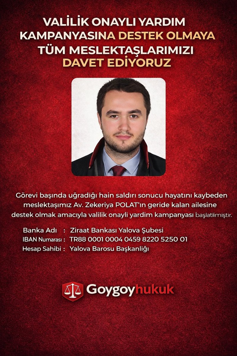 Bütün takipçilerimizi görevi başında uğradığı alçak saldırı sonucu şehit olan Avukat Zekeriya Polat’ın emanetlerine sahip çıkmak üzere başlatılan yardım kampanyasına desteğe davet ediyorum.

Ulaşabildiğimiz herkese ulaşalım ve paylaşalım.