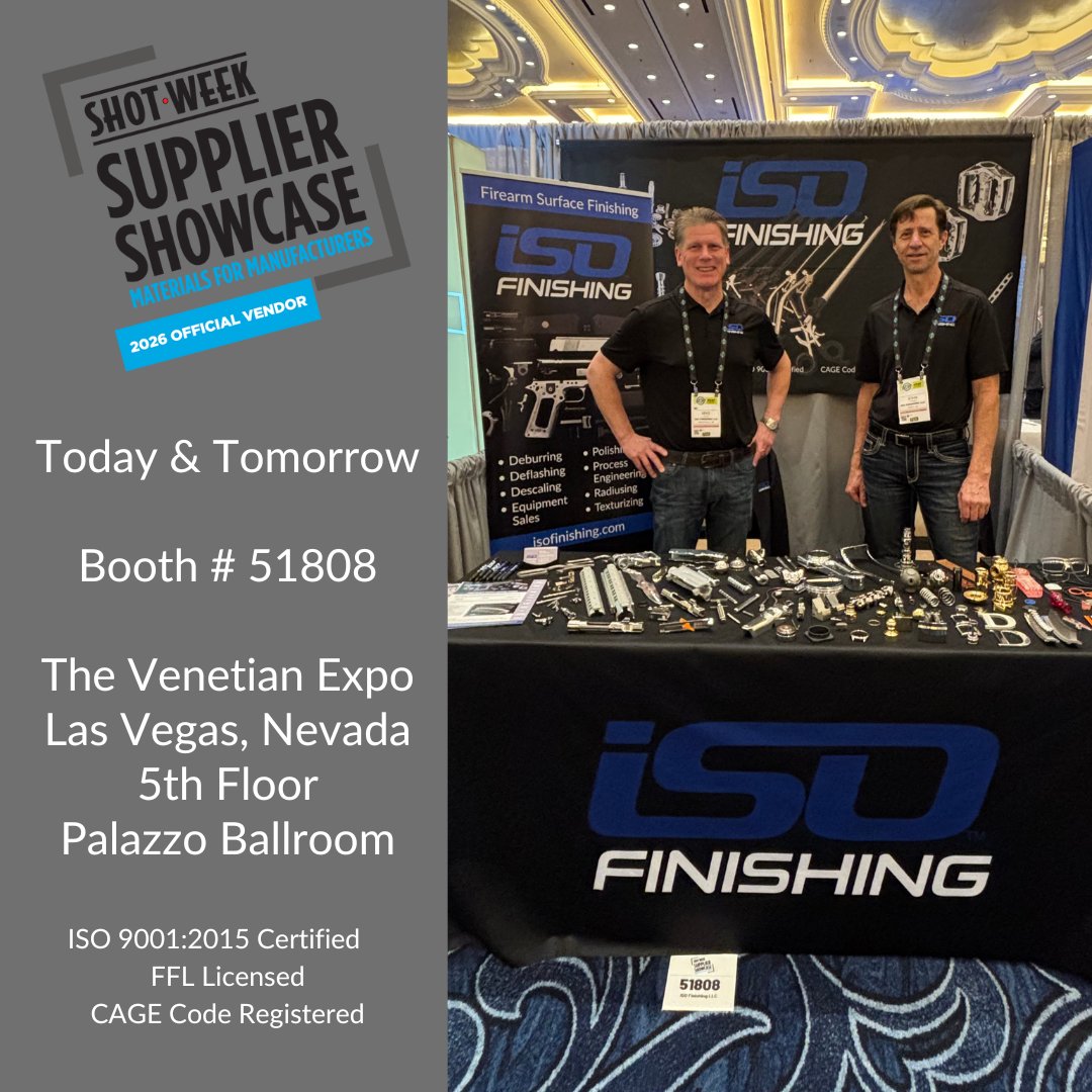 ISO_Finishing's tweet photo. Plan to attend the Supplier Showcase today or tomorrow?  Stop by Booth # 51808 to discuss how a tailor-made process can help you achieve consistency, tighter tolerances, &amp; more reliable results on your parts. #surfacefinishing #firearms #ShotShow2026 #SHOTWeek @NSSFSHOTShow https://t.co/wB10lxCY6n