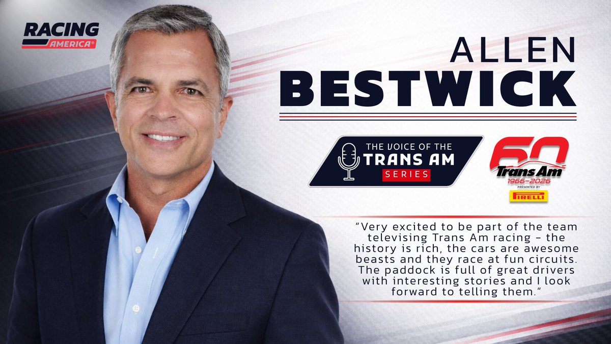 RacingAmerica's tweet photo. Renowned sportscaster @AllenBestwick to lead commentary team for Trans‑Am Series’ 60th anniversary broadcasts. 

Read more: https://t.co/e9GkBGLpJf https://t.co/BD4YFz6Cwe