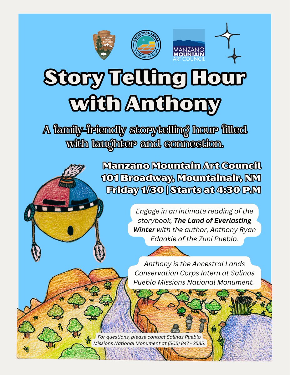 SalinasNPS's tweet image. 🌟📖 Join us for a mesmerizing Storytelling Hour with Anthony Ryan Edaakie! 🗓️ Jan 30, 4:30 PM at Manzano Mountain Art Council. 🎊 #Storytime #CommunityConnection #SalinasNPS #ZuniPueblo #FamilyFun #CulturalHeritage #AncestralLands #ConservationLegacy