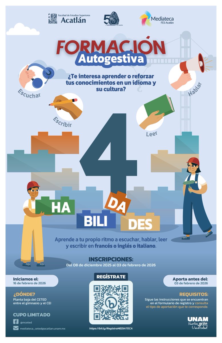FES_ACATLAN's tweet photo. El CETED te invita a sus talleres de 4 Habilidades y CL 😎
#ACÁnosVemos #idiomas #idiomasonline
Regístrate aquí 👉 https://t.co/x4Rn7mW3Gm https://t.co/uZ040XYs7R