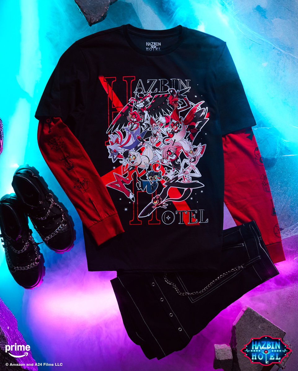 HotTopic's tweet image. Your style redemption arc starts now. New Hazbin Hotel pieces are here: cur.lt/3kbnoqg1o