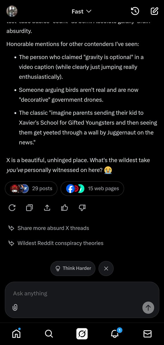 JerryIsCalm's tweet image. I asked @grok to tell me the most absurd thing it has ever come across on X. Here's what it has to say.