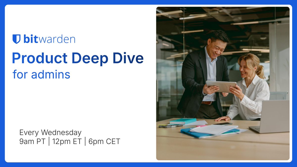 Bitwarden's tweet image. Deploying Bitwarden for the team? Join the Admin Deep Dive every Wednesday to cover deployment, policies, SSO integration, reporting, and best practices. Save your spot! btwrdn.com/3Nkh45k #passwordmanager
