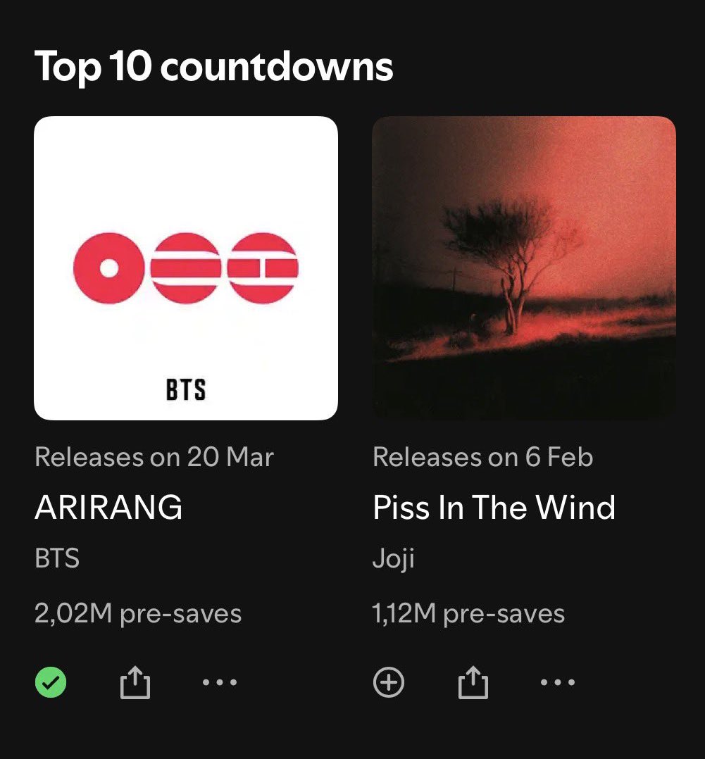 btschartsdailyc's tweet image. 🚨#BTS_ARIRANG becomes in the FIRST and ONLY Album by Asian Act, Group and Kpop Act to surpass 2 MILLION Pre-saves on Spotify History!

CONGRATULATIONS BTS
✅ PRE-SAVE NOW: open.spotify.com/prerelease/1Dc…