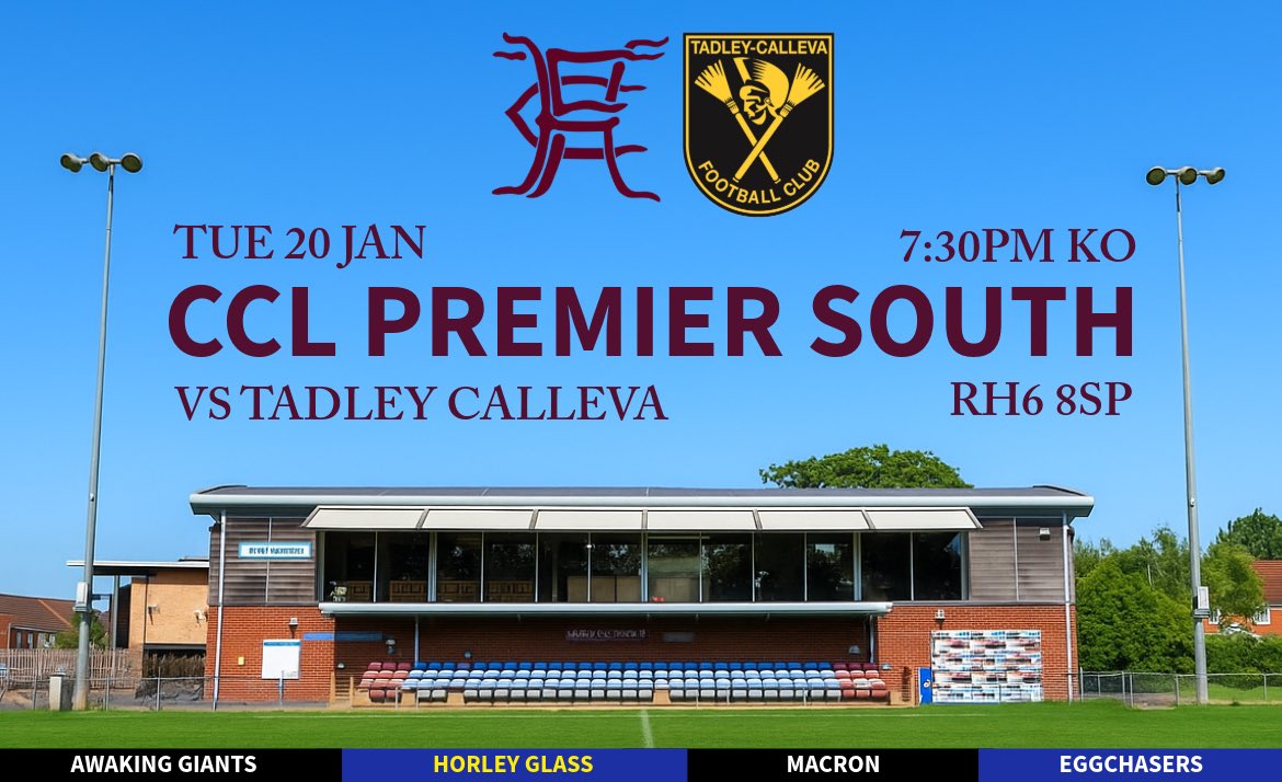 𝗨𝗣 𝗡𝗘𝗫𝗧 ⏭️

It’s a quick turnaround as host our first home game of the week tomorrow night, welcoming <a href="/TadleyCallevaFC/">Tadley-Calleva FC</a> in a <a href="/ComCoFL/">Combined Counties Football League</a> Premier South fixture: 

Match details are below ⤵️

🗓️ Tue 20 Jan
📍 Awaking Giants New Defence, RH6 8SP
⏱️ 7:30PM KO
🎟️ Adults £8 |