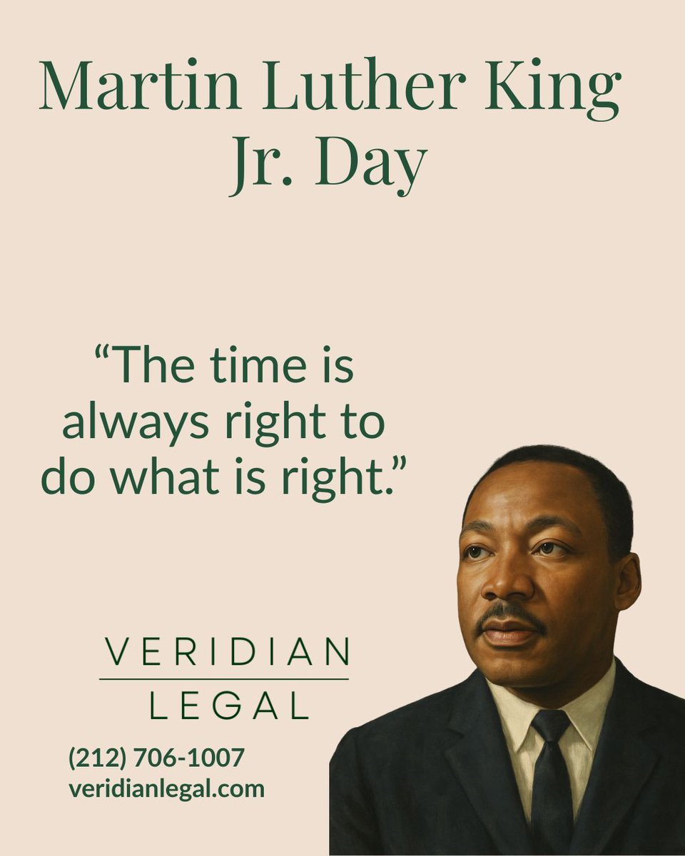 VeridianLegal's tweet photo. Today, we honor Dr. Martin Luther King Jr. and his powerful reminder that “the time is always right to do what is right.”

His words inspire us to lead with integrity, show compassion, and stand up for what truly matters- not just on this day, but every day.

Wishing everyone a meaningful and hopeful MLK Day.