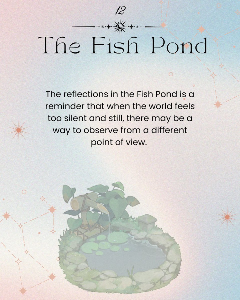 TalesOfSeikyu's tweet photo. The Fish Pond reminds us that stillness isn’t emptiness. When the world goes quiet, shift your view and you might see more than you expected. 🐟
#TalesofSeikyu #FantasyLifeSim #Tarot #Fortunes https://t.co/rRnnBpSgc2