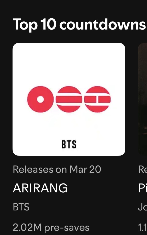 charts_k's tweet image. .@BTS_twt's "Arirang" has surpassed 2 MILLION pre-saves on Spotify!

Pre-save: open.spotify.com/prerelease/1Dc…