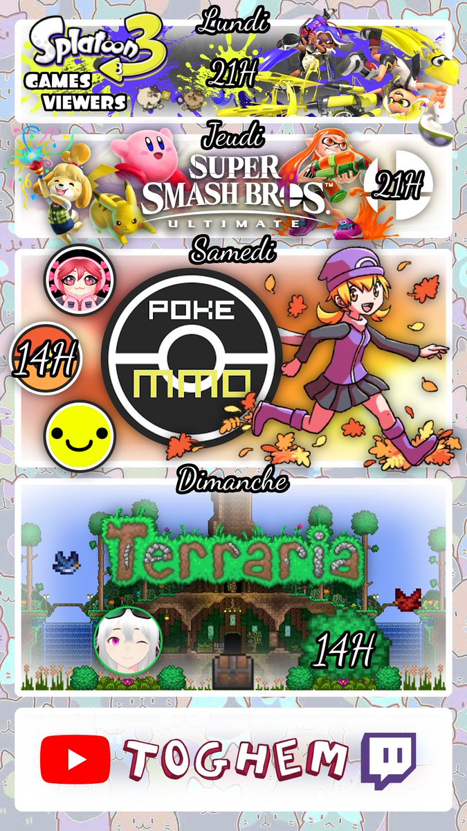 Planning du 19 au 25 janvier !!

Un programme classique comme on en a l'habitude avec juste certains jour un peu bizarres ;-;
En espérant qu'il vous plaise !!
Des bisous tout le monde !!

#Splatoon3 #Pokemon #SmashBros #terraria #Nintendo #NintendoSwitch