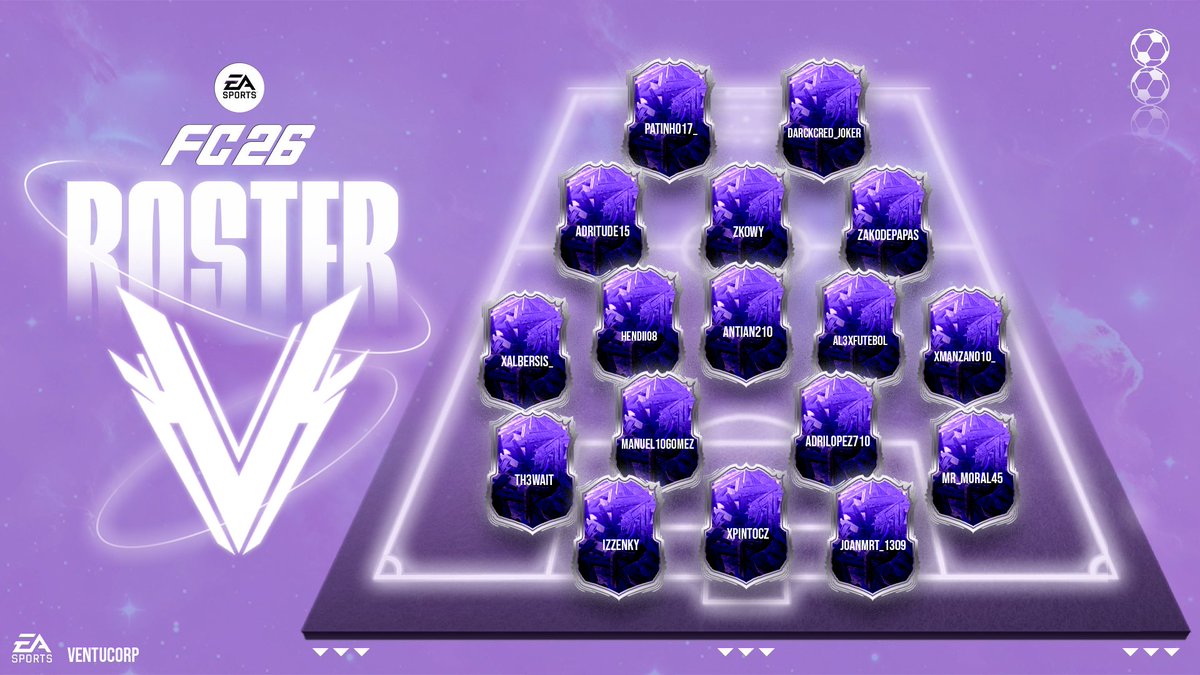 #EAFC26 | #Presentacion

⚽ Ya era hora de un fifita no? Se viene temporada potente en lo más alto... harán falta jugadores a la altura, no?

🏆 Jugaremos en Primera <a href="/PLG_Spain/">PLG España</a> , SuperLiga <a href="/VPG_Spain/">Virtual Pro Gaming España</a> y Premier <a href="/VPGEurope/">Virtual Pro Gaming | Europe</a> 

 Por aquí os dejamos nuestro equipazo:

🧤 Porteros