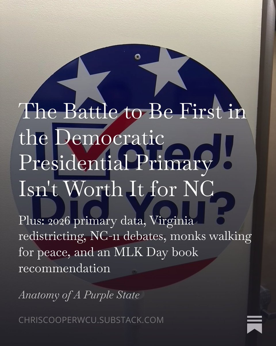 chriscooperwcu's tweet image. The Battle to be First in the Democratic Presidential Primary Isn't Worth it for NC. 🔗 ⬇️

substack.com/home/post/p-18…

#ncpol #2028election