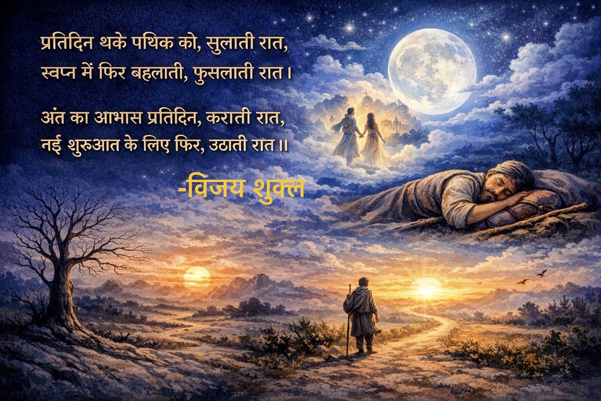 JigyasuWrites's tweet photo. प्रतिदिन थके पथिक को, सुलाती रात,
स्वप्न में फिर बहलाती, फुसलाती रात ।
अंत का आभास प्रतिदिन, कराती रात,
नई शुरुआत के लिए फिर, उठाती रात ।।

#HindiPoetry

#HindiShayari
#OriginalPoetry
#PoetryLovers
#PoetryCommunity
#RaatAurSapne https://t.co/eDNFJWbUb8