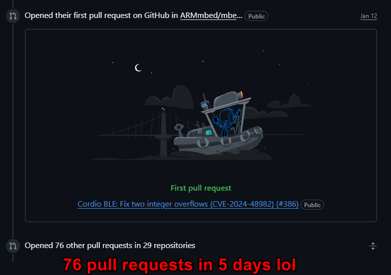 Pablomf6's tweet image. Beware of AI generated Pull Requests on GitHub!

Luma3DS got a pull request suggesting a fix ported from a fork. Wasn't suspicius at first but looking at the user activity and responses definitely looks like a bot.

Pretty convincing tho, which is a bit concerning...