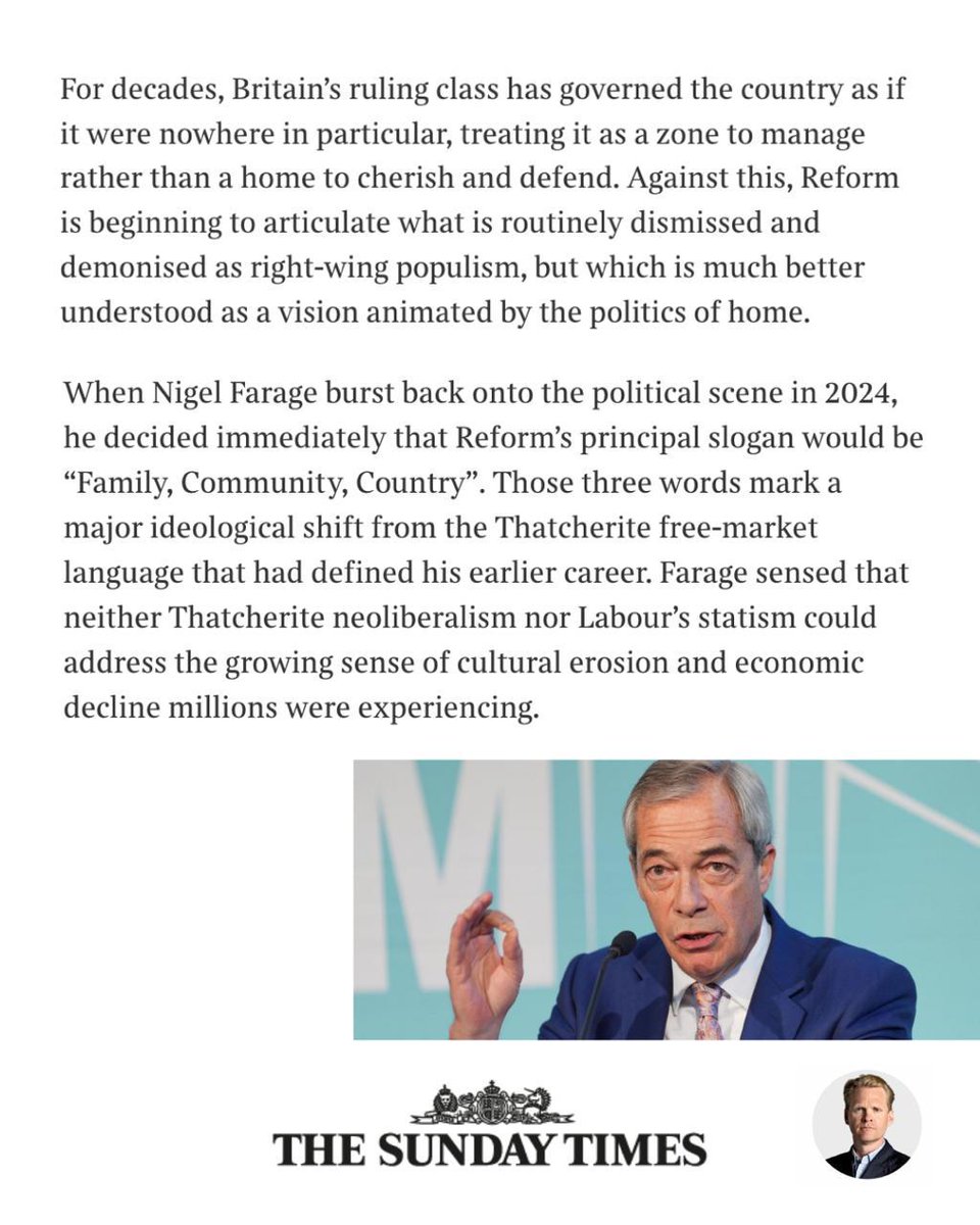 jtworr's tweet image. ➡️Britain’s New Right is crystallising around the conviction that Britain is a home, not a zone; a people not a proposition; a place not a project.

➡️ In short, the New Right is gravitating towards the politics of home - that is to say, towards Faragism.

thetimes.com/article/3060cc…