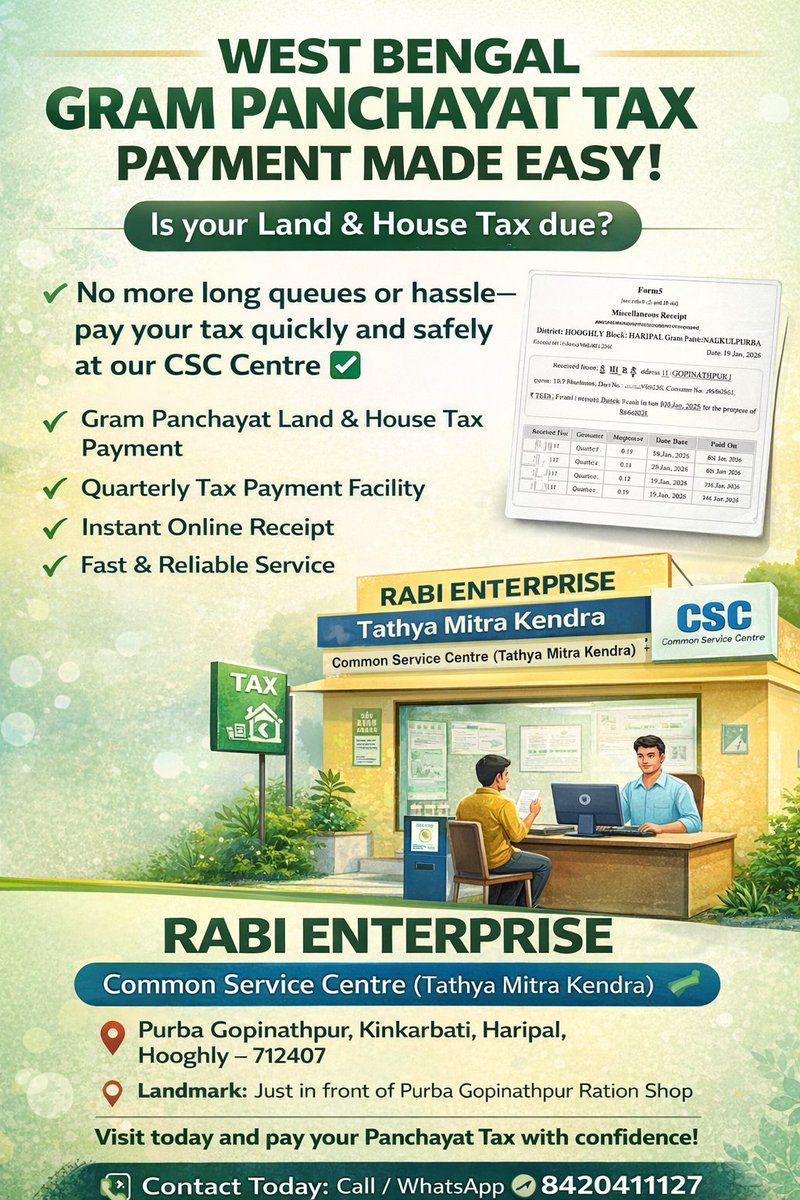 infoEnterprise7's tweet photo. 📢 গ্রামবাসী বৃন্দ শুনবেন!
এখন WEST BENGAL GRAM PANCHAYAT TAX প���িশোধ আরও সহজ ✅
Land / House Tax বাকি?
লাইন ও ঝামেলা নয়—আজই পরিশোধ করুন আমাদের CSC সেন্টারে 🧾
✔️ অনলাইন পেমেন্ট
✔️ সঙ্গে সঙ্গে রসিদ
✔️ দ্রুত ও নির্ভরযোগ্য পরিষেবা
📞 Call / WhatsApp: 842041112 https://t.co/AyLPykbSFi