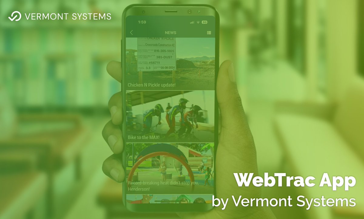 VermontSystems's tweet photo. Recreation access at your fingertips 📲 The WebTrac App by Vermont Systems makes it easy for patrons to register, reserve, and stay connected — anytime, anywhere.  

Get started by learning more: https://t.co/MdViMRYikA  

#VermontSystems #WebTracApp #TryItToday https://t.co/10f892WzDH