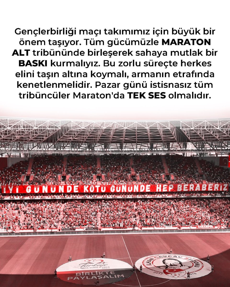 AntalyaFanatics's tweet photo. Pazar günü istisnasız tüm tribüncüler Maraton'da TEK SES olmalıdır. https://t.co/3RMpaUjiEu