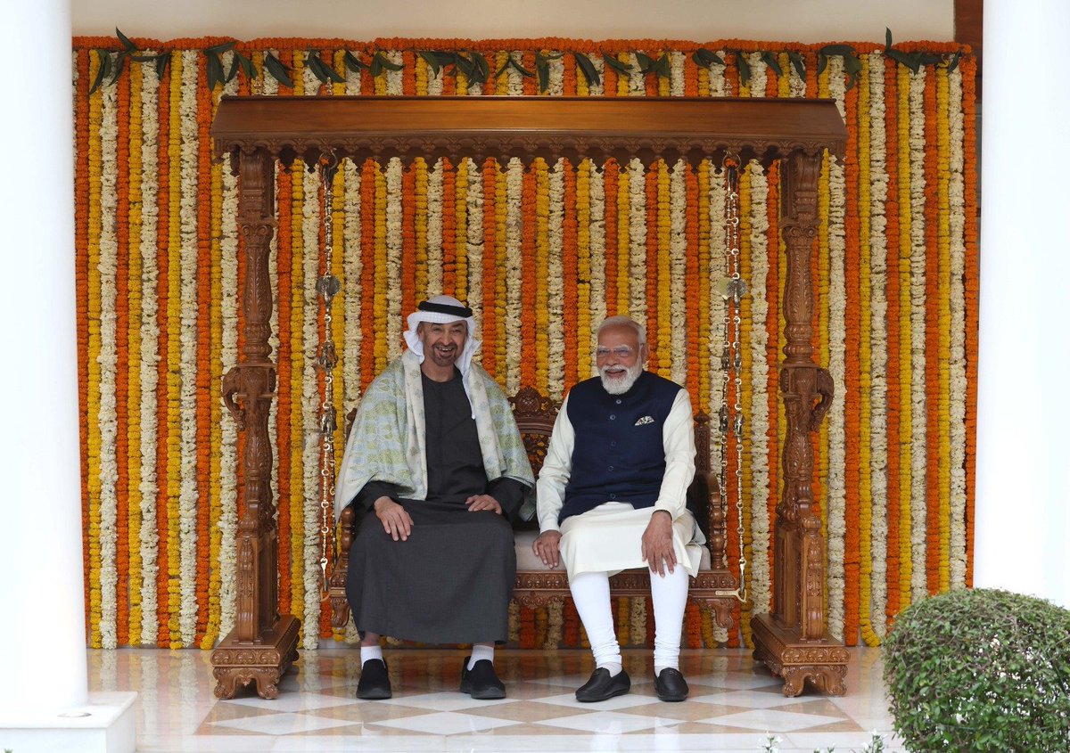 narendramodi's tweet image. It was a great pleasure to host my brother, His Highness Sheikh Mohamed bin Zayed Al Nahyan, at 7, Lok Kalyan Marg. I am deeply touched by his gesture of visiting Delhi this evening. We discussed a wide range of issues aimed at further strengthening the multifaceted India-UAE…