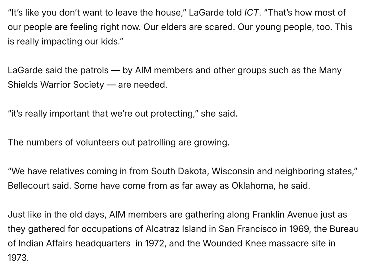 The American Indian Movement (AIM) was founded half a century ago on Franklin Ave in Minneapolis to respond to police violence targeting indigenous residents.

Today, as ICE invades the city, "AIM patrols are back, watching over elders, youths and aunties along the same avenue."