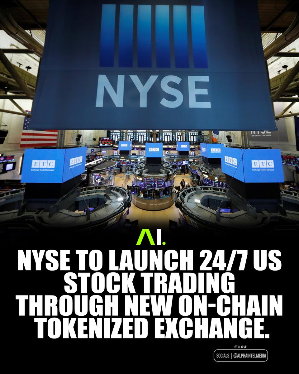 JUST IN: 🇺🇸 NYSE to launch 24/7 US stock trading through new on-chain tokenized exchange.